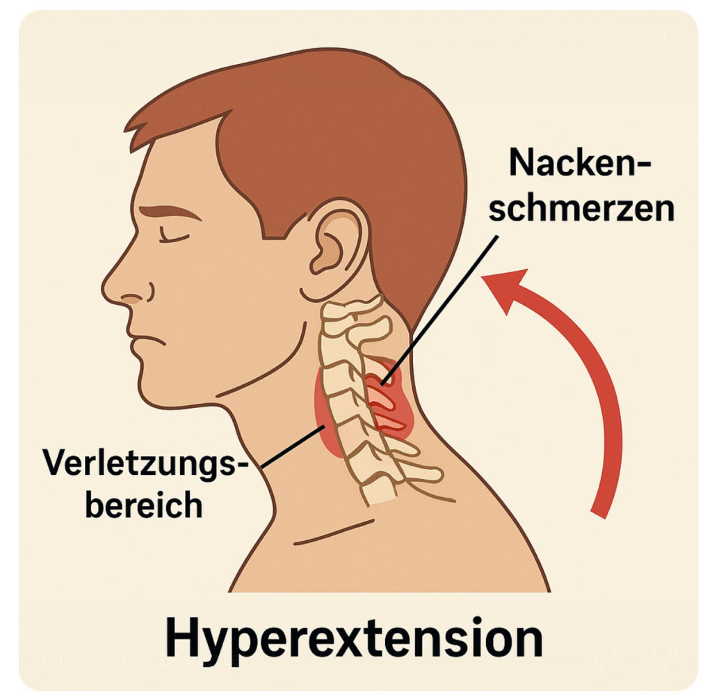 Das Bild zeigt eine anschauliche Darstellung einer HWS-Verletzung (Halswirbelsäulenverletzung). Es veranschaulicht, wie durch plötzliche Bewegungen – wie sie oft bei einem Auffahrunfall auftreten – die Halswirbelsäule (HWS) belastet wird und zu Verletzungen führen kann. Die Abbildung zeigt typische Bereiche, in denen Schmerzen und Verspannungen auftreten können, und verdeutlicht die Auswirkung auf die Nerven und Bänder.