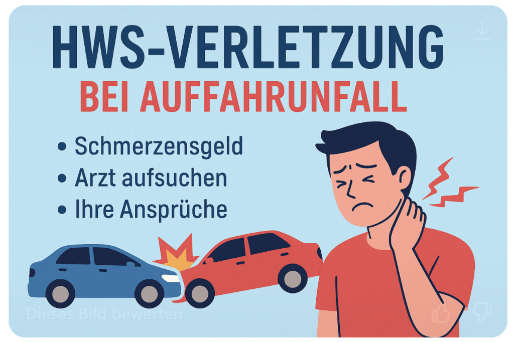 Digitale Illustration in flachem Design: Eine betroffene Person hält sich schmerzhaft den Nacken, im Hintergrund sind zwei Autos in einem Auffahrunfall verwickelt. Ein rotes Warndreieck signalisiert Gefahr. Text auf dem Banner: „Schleudertrauma nach Auffahrunfall? Jetzt Schmerzensgeld sichern! Fachanwalt für Verkehrsrecht hilft – schnell und unkompliziert.“ Der Stil ist modern und klar, mit Fokus auf HWS-Verletzung und rechtliche Hilfe nach einem Unfall.
