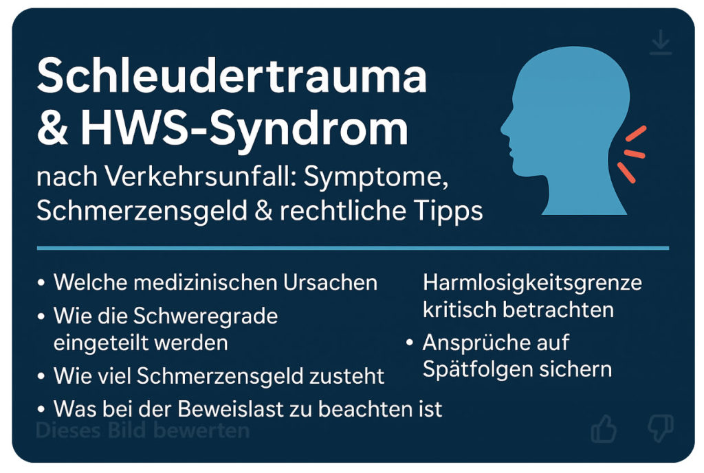 Digitaler Werbebanner auf Deutsch zum Thema „Schleudertrauma – HWS-Syndrom“. Der Banner zeigt eine stilisierte Darstellung eines Verkehrsunfalls mit einem Auto und einer betroffenen Person mit Nackenschmerzen. Dazu stehen Schlagworte wie „Schmerzensgeld“, „Verkehrsunfall“, „HWS-Distorsion“ und „Rechtstipps vom Fachanwalt“. Der Banner ist in Blau- und Rottönen gestaltet und richtet sich an Betroffene eines Schleudertraumas nach einem Unfall.