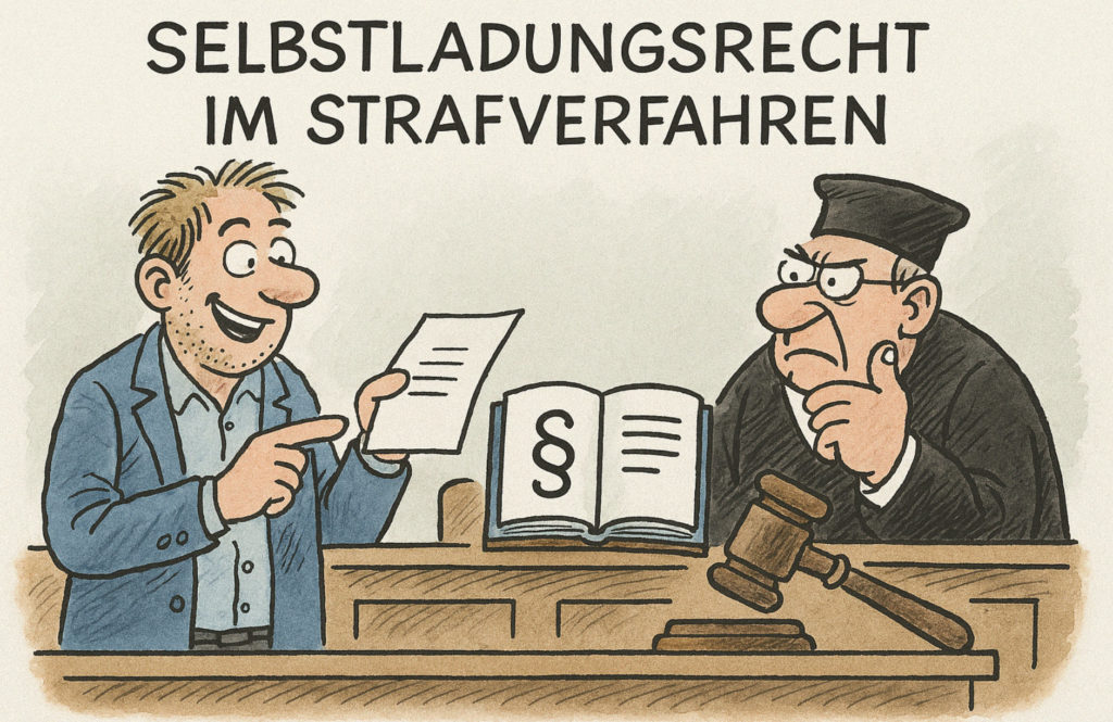 Illustration in modernem Flat-Design zeigt eine Gerichtsszene: Ein Verteidiger steht mit erhobenem Arm vor einem Richterpult und hält ein Blatt mit der Aufschrift ‚Selbstladung‘. Im Hintergrund sitzt ein Zeuge auf einem Stuhl, deutlich abseits vom Richter. Symbole wie eine Waage der Gerechtigkeit und Paragrafenzeichen rahmen das Bild. Die Szene visualisiert das Selbstladungsrecht im Strafverfahren als eigenständige Initiative der Verteidigung.