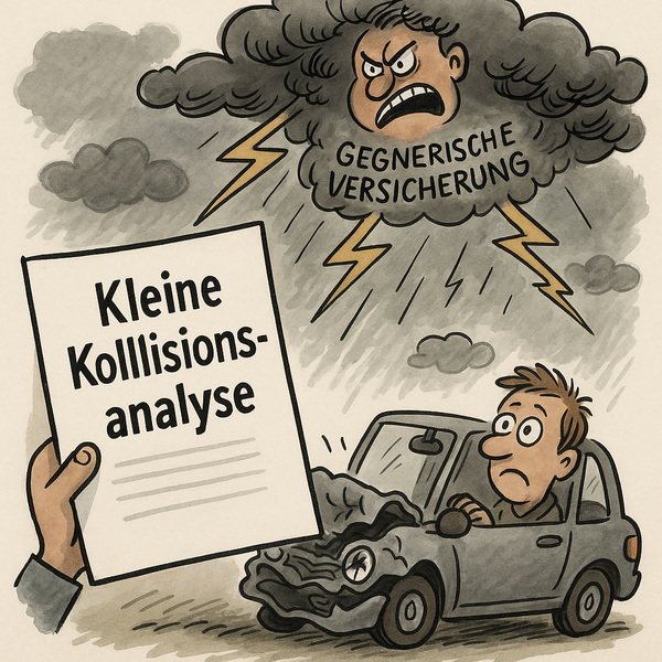 Ein Fahrer sitzt erschrocken in seinem verbeulten Auto. Über ihm donnert eine dunkle Gewitterwolke mit einem wütenden Gesicht und der Aufschrift „Gegnerische Versicherung“. In der Bildvordergrund hält eine Hand ein Papier mit der Aufschrift „Kleine Kollisionsanalyse“. Das Bild symbolisiert, wie technische Gutachten gegen Versicherungsverweigerung helfen können.
